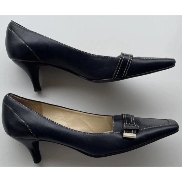 Vintage Ann Taylor Womens Black Kitten Heels w/Square Toes Buckle Stiched Sz 7 - Picture 4 of 16